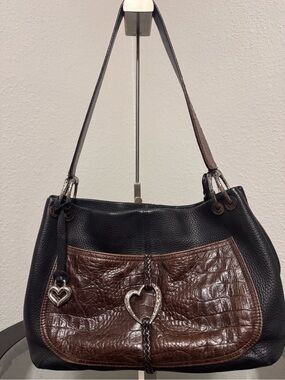 Black and Brown Leather Shoulder Bag with Heart Accent